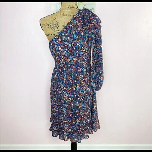 J. Crew Kaleidoscope Stars One Shoulder Dress Blue Multi Bow Ruffle - Picture 2 of 9